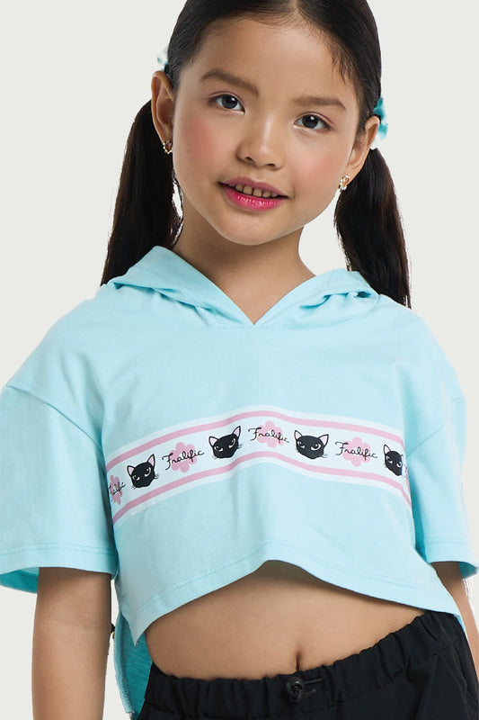 Kids Wear Teal Cropped Hoodie Shirt – Cute Cat Print for Girls
