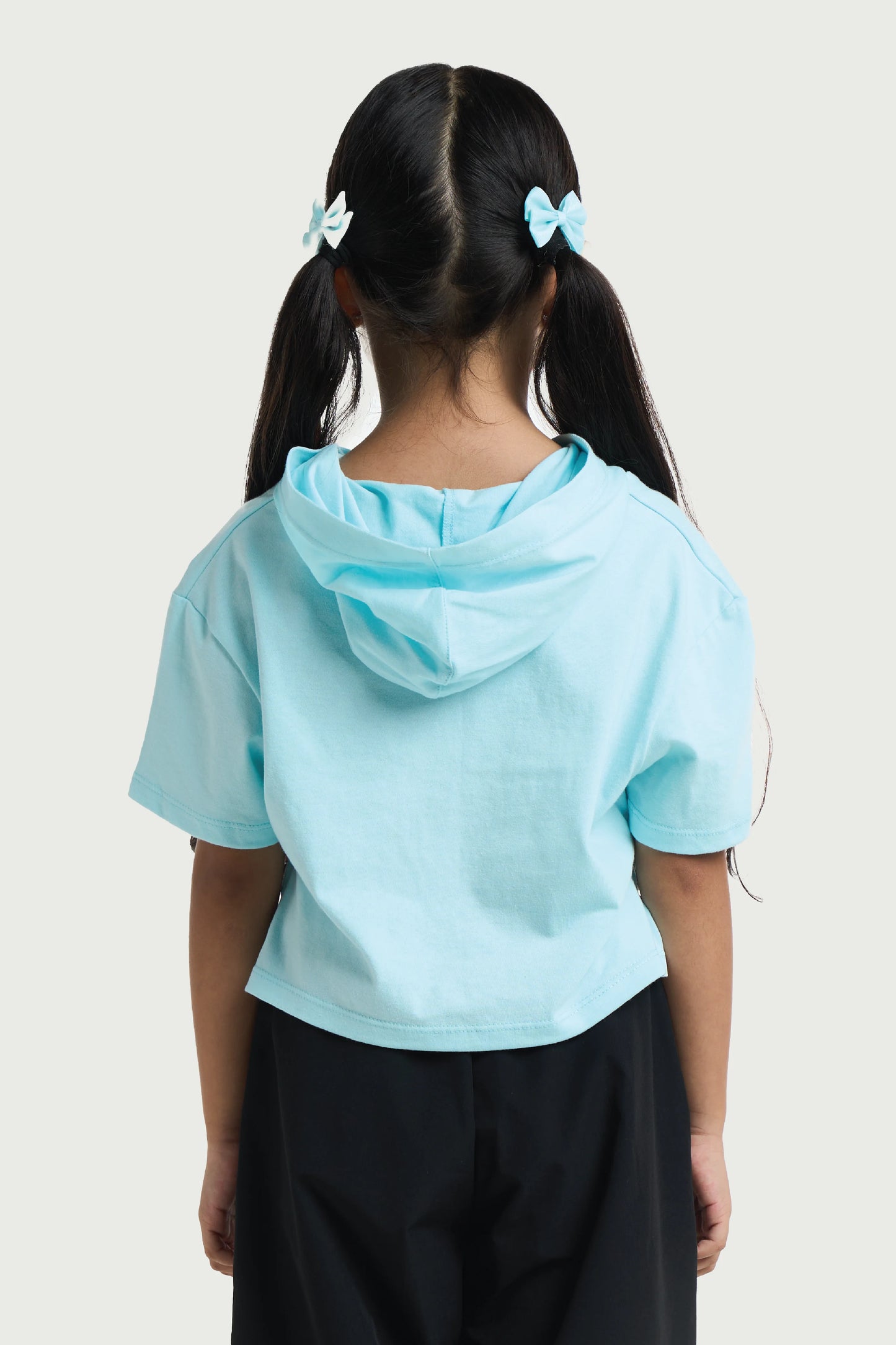 Kids Wear Teal Cropped Hoodie Shirt  – Cute Cat Print for Girls