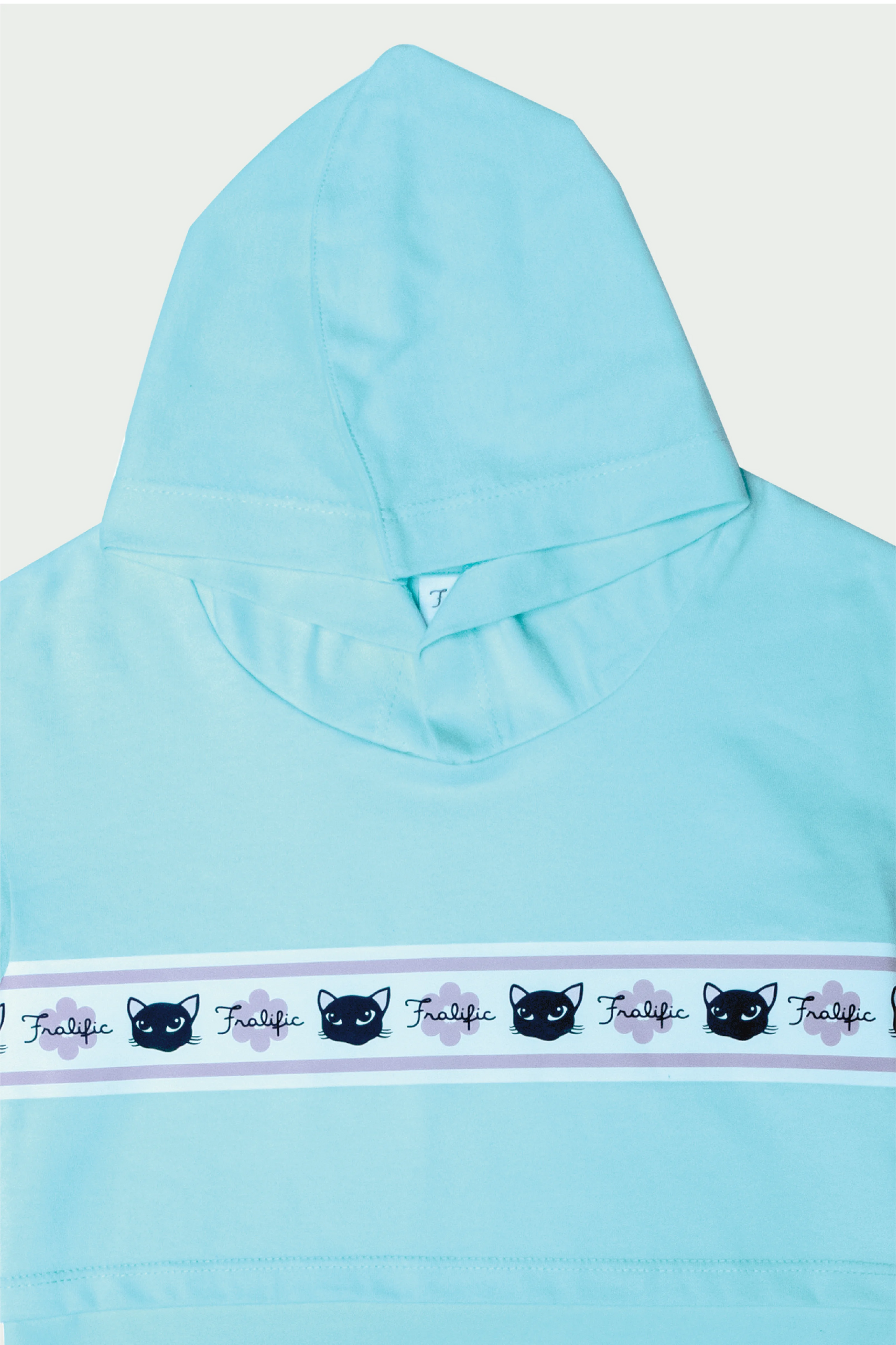 Kids Wear Teal Cropped Hoodie Shirt  – Cute Cat Print for Girls
