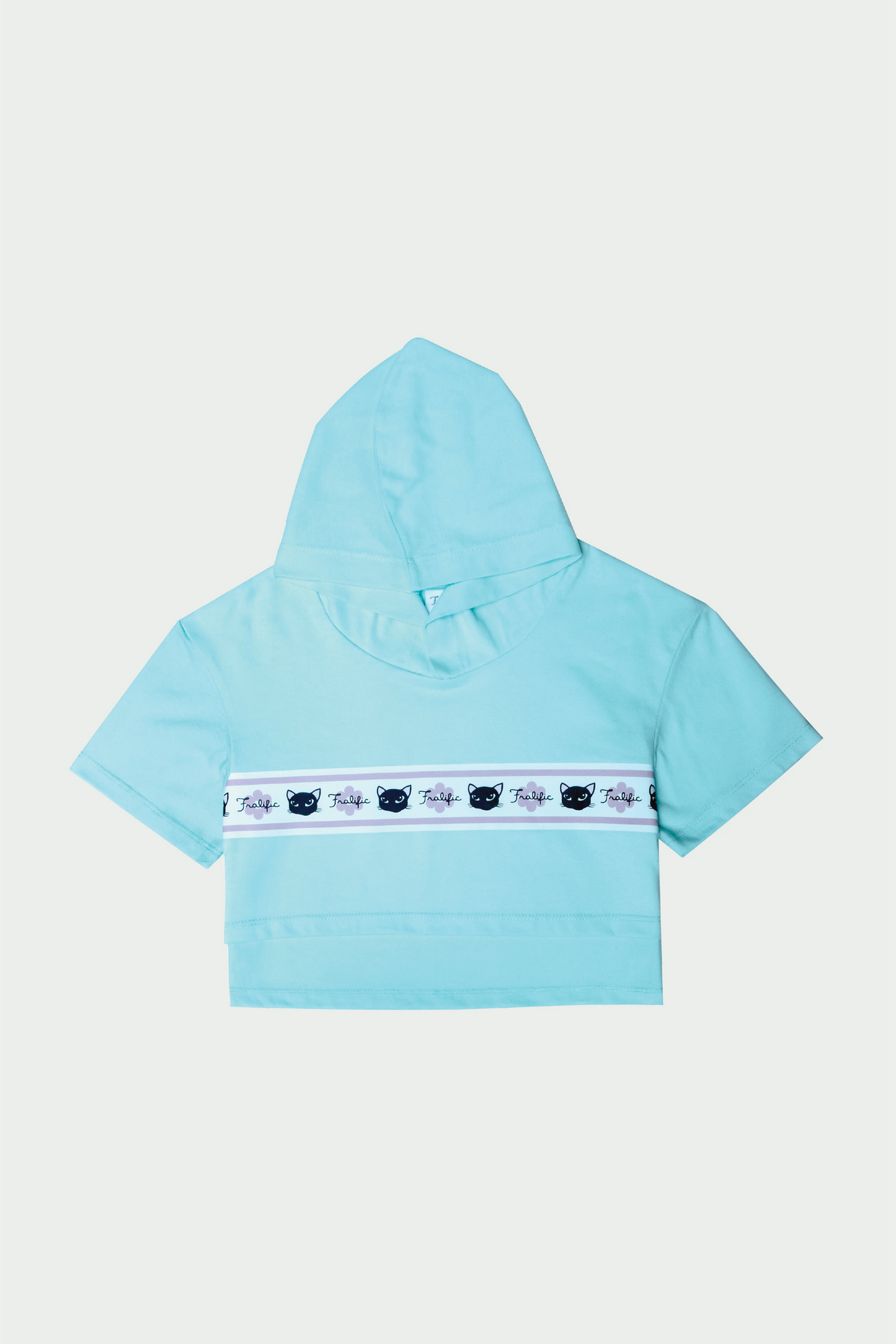 Kids Wear Teal Cropped Hoodie Shirt  – Cute Cat Print for Girls