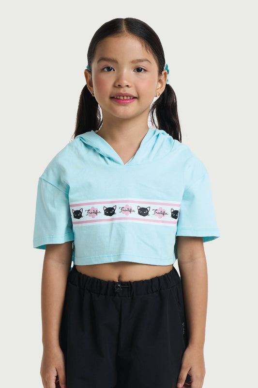 Kids Wear Teal Cropped Hoodie Shirt  – Cute Cat Print for Girls
