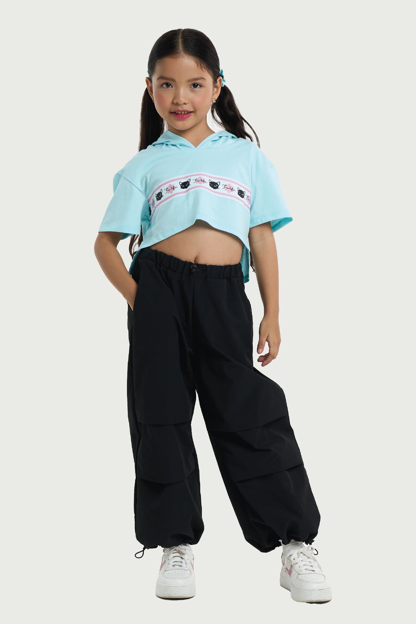 Kids Wear Teal Cropped Hoodie Shirt  – Cute Cat Print for Girls