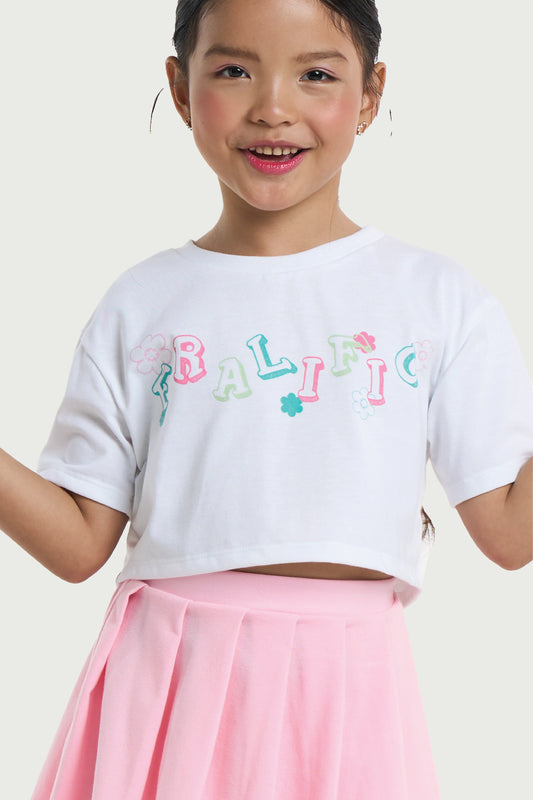 Kids Wear White Cropped Tee and Pink Skirt Set for Girls