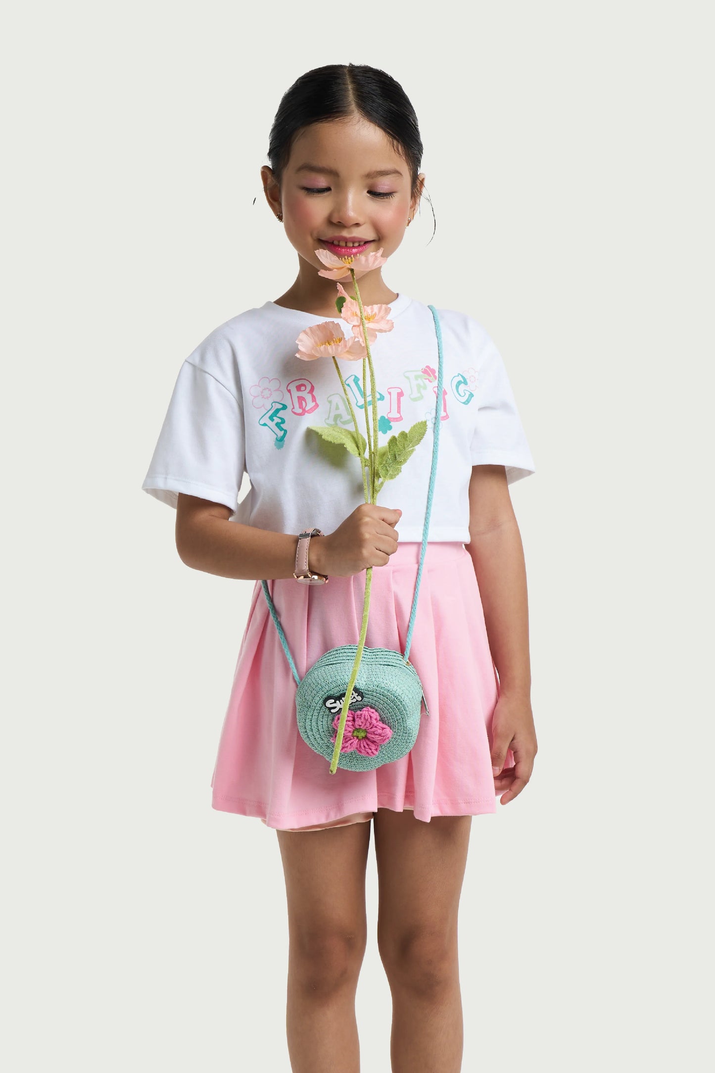 Kids Wear White Cropped Tee and Pink Skirt Set for Girls