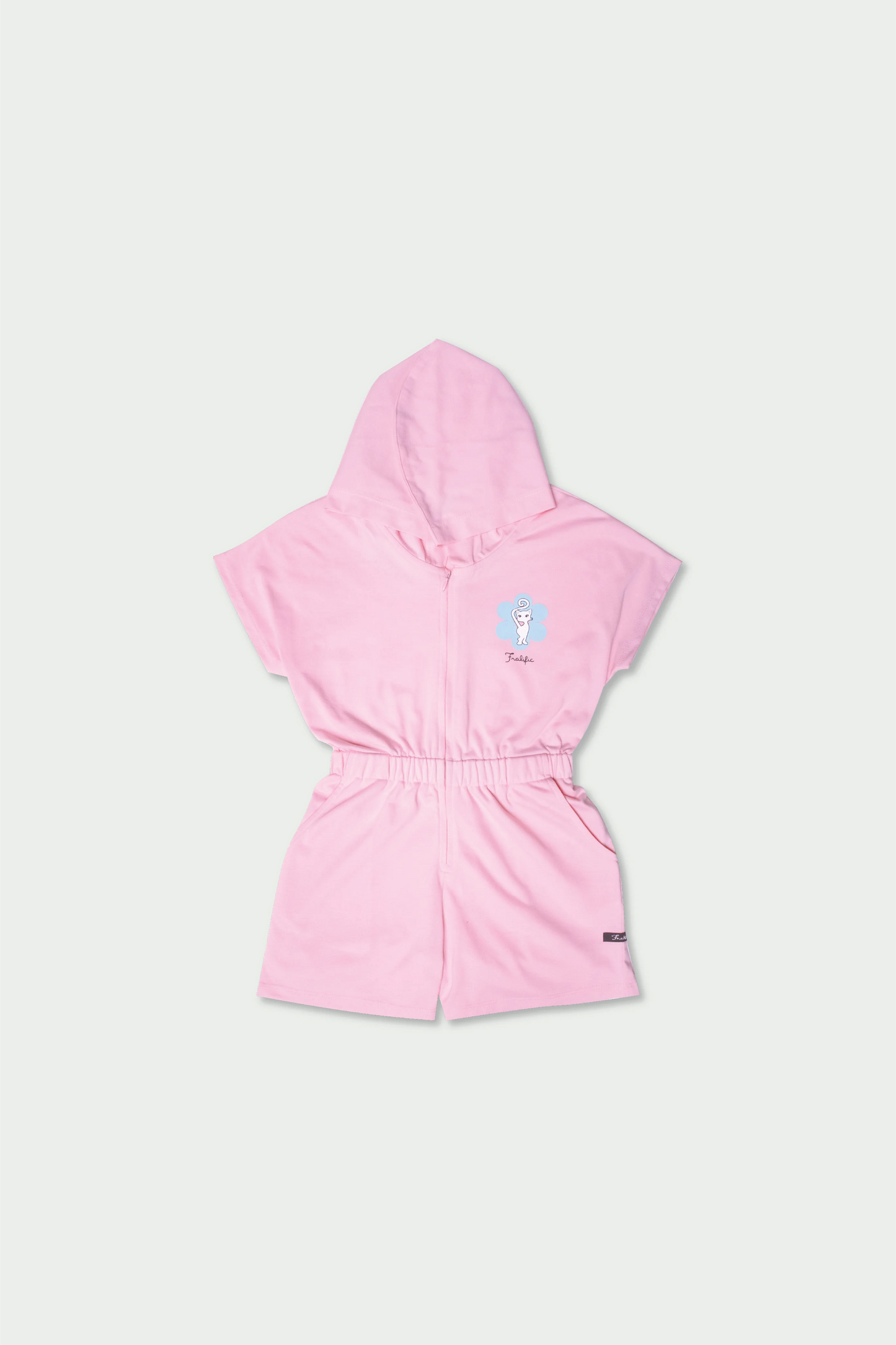 Back side flat lay of pink cotton romper for toddlers with hood and stitching detail