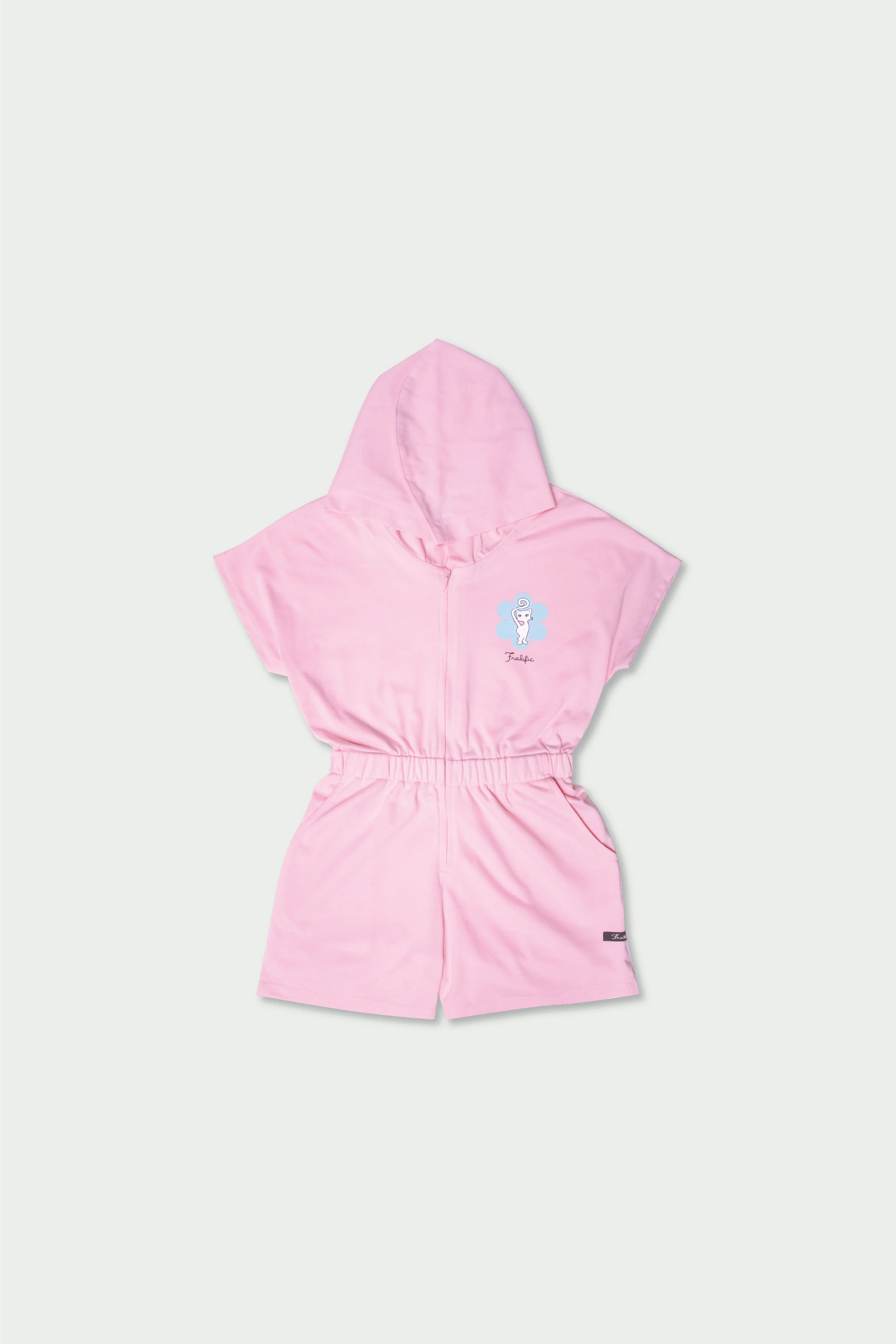 Back side flat lay of pink cotton romper for toddlers with hood and stitching detail